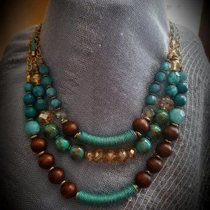 Turquiose, Wood & Smoky Crystal Bead Necklace 18"